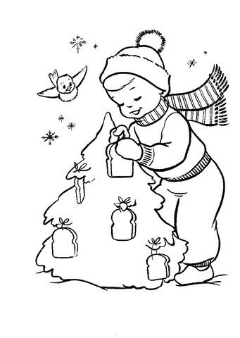 Online coloring book: Christmas tree coloring page for birds